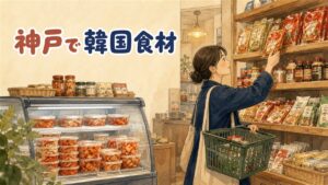 神戸の商店街の一角で、キムチの入った容器や韓国食材が並ぶ専門店の店先を描いたイラスト