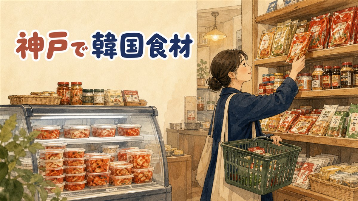神戸の商店街の一角で、キムチの入った容器や韓国食材が並ぶ専門店の店先を描いたイラスト