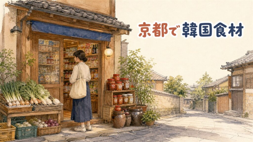 京都の韓国食材専門店の店先でキムチや調味料を選ぶ買い物客のイラスト