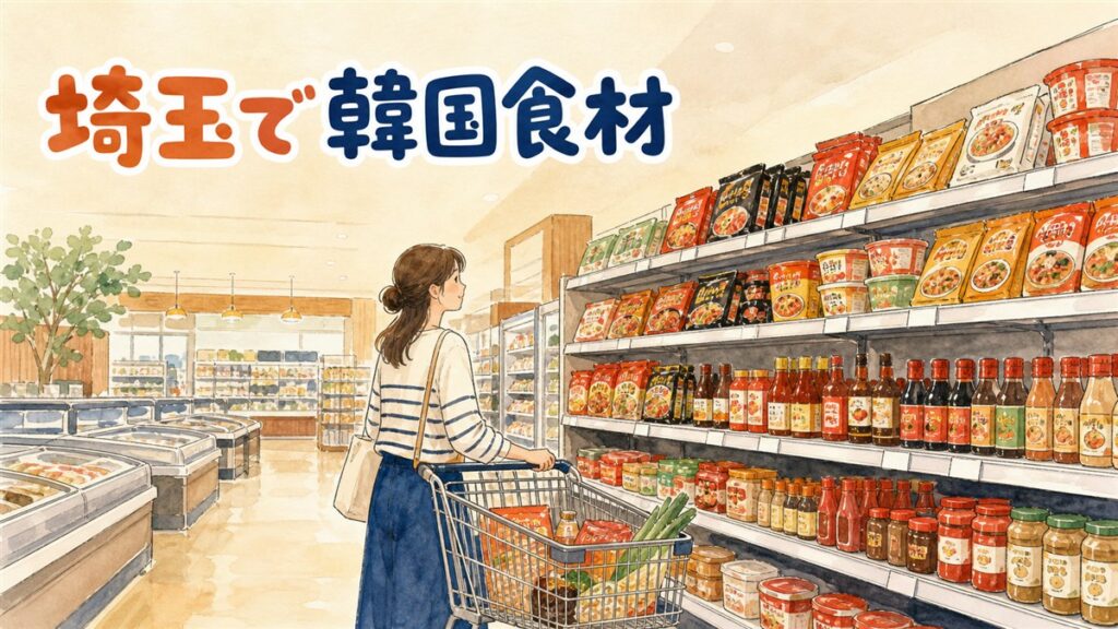 埼玉県内の韓国食材店で棚に並ぶキムチや調味料を眺める買い物客のイメージ