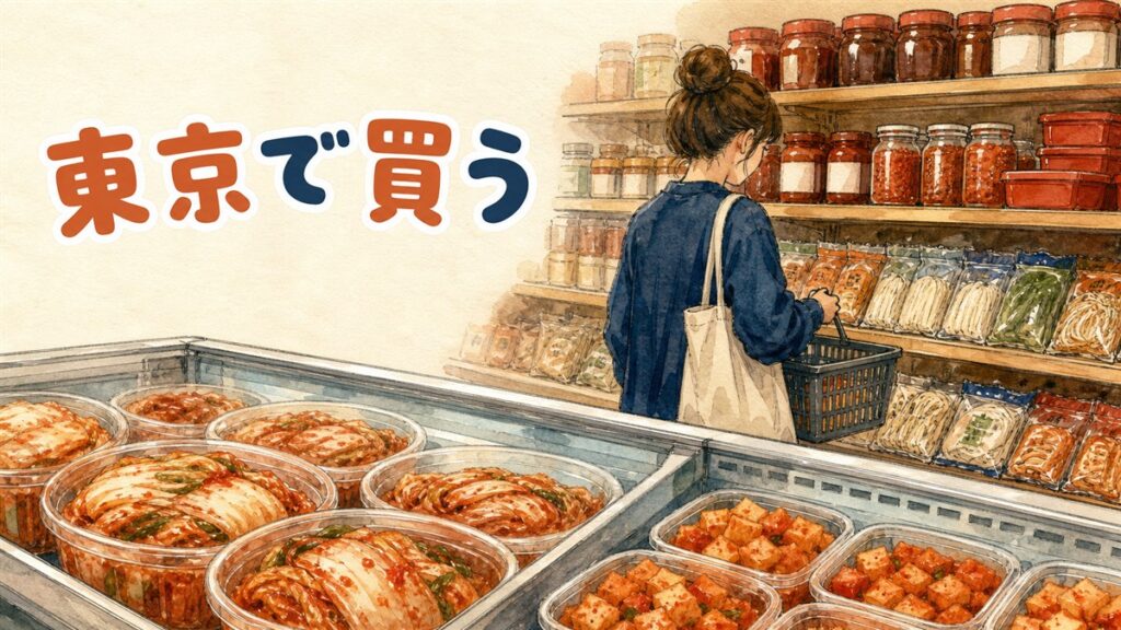 東京の韓国食品スーパーの店頭に並ぶキムチや韓国調味料の棚
