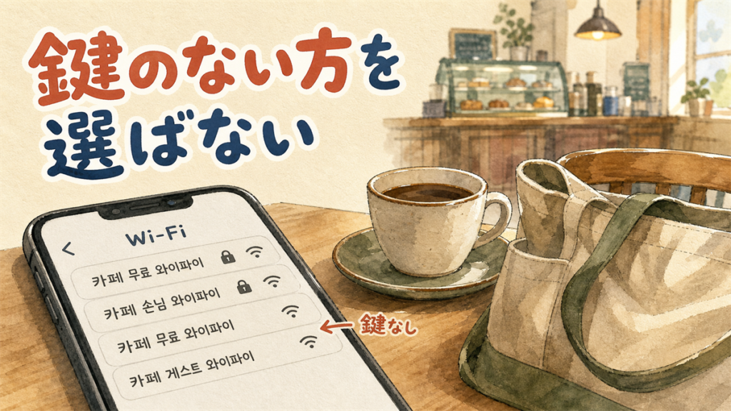 韓国のフリーWi-Fiの安全性の記事のアイキャッチ。カフェのテーブルのスマホに、同じ名前で鍵アイコンがある行とない行が混在するWi-Fi一覧が表示されているイラスト