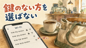 韓国のフリーWi-Fiの安全性の記事のアイキャッチ。カフェのテーブルのスマホに、同じ名前で鍵アイコンがある行とない行が混在するWi-Fi一覧が表示されているイラスト