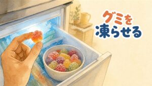 韓国のコンビニで冷凍庫からグミ菓子の袋を取り出す様子を描いたイラスト