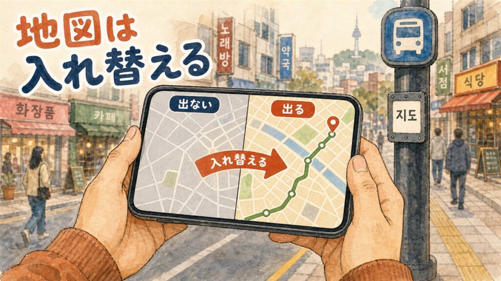 韓国の街なかでスマホの地図画面が左右に分かれ、片方はルートが出ず、もう片方はルート線が表示されている比較の図