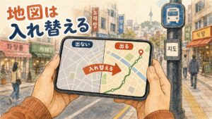 韓国の街なかでスマホの地図画面が左右に分かれ、片方はルートが出ず、もう片方はルート線が表示されている比較の図