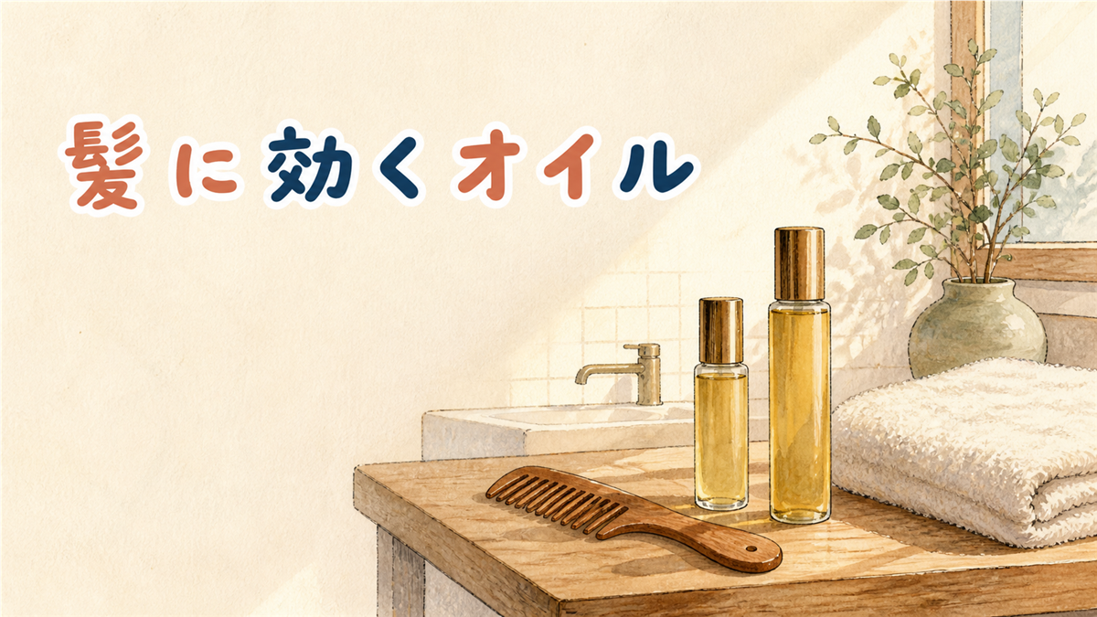 韓国のヘアオイルのイメージ。洗面台の棚に高さの違うヘアオイルの瓶が2本と木の櫛、たたんだタオルが置かれた水彩イラスト