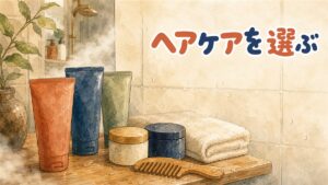 韓国のヘアケア・トリートメント製品が洗面台に並んでいるイメージ