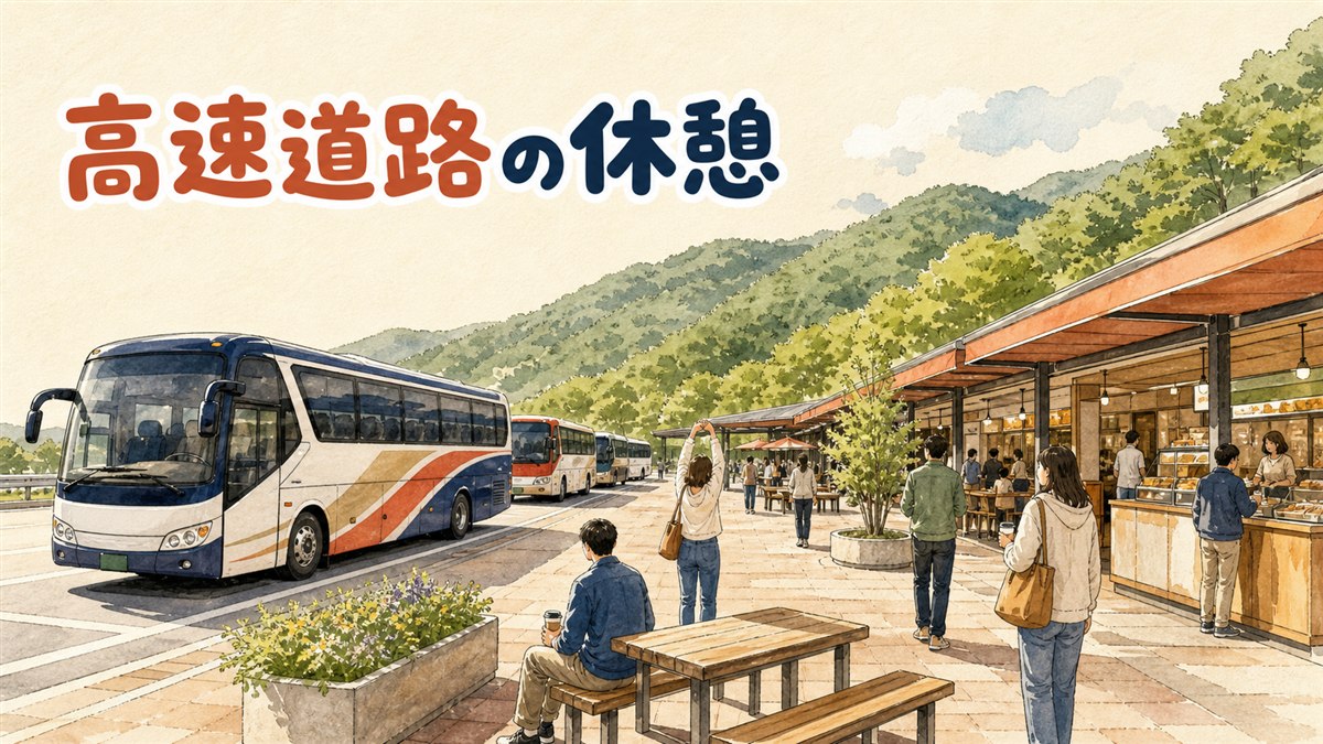 韓国の高速道路の休憩所(휴게소)の駐車場に停まった高速バスと、売店で軽食を選ぶ旅行者たち