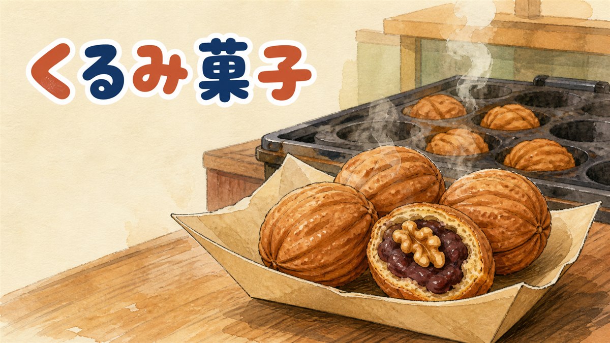 天安名物のくるみ形焼き菓子ホドゥグァジャが木のトレーに並ぶ様子