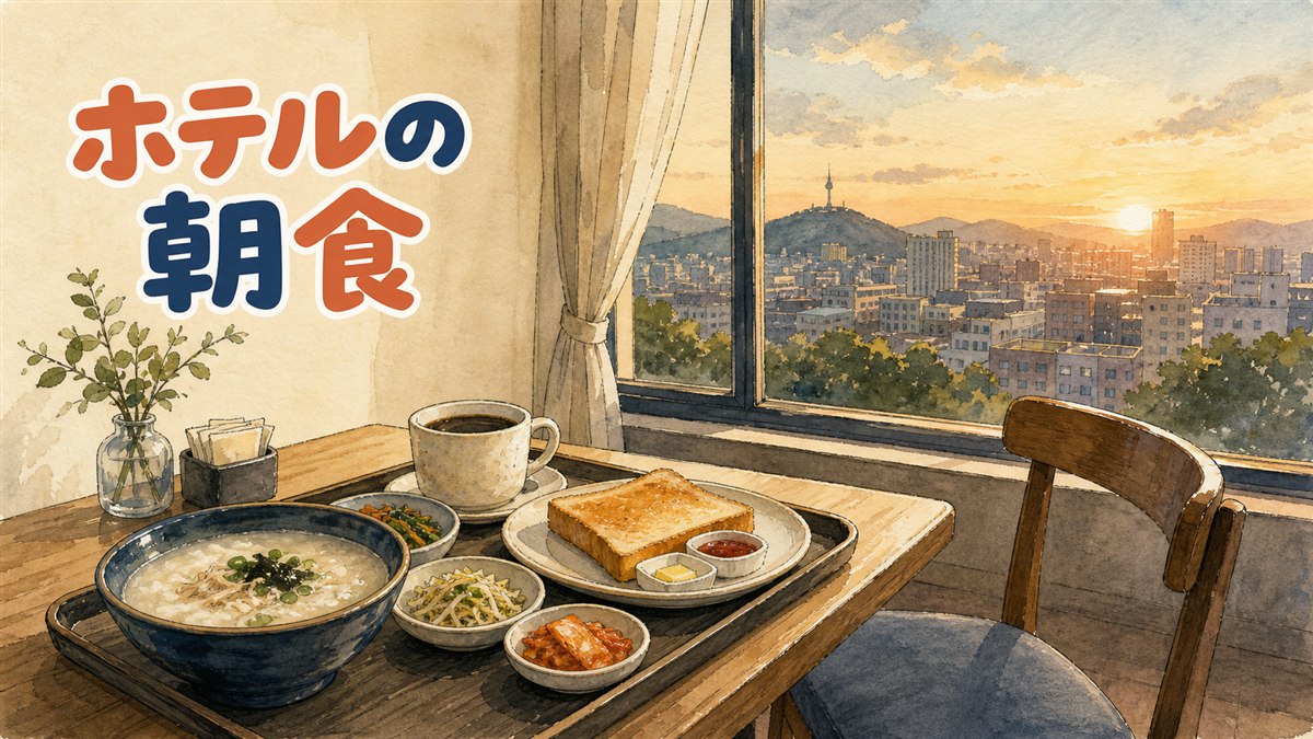 ソウルのホテルの朝食ビュッフェ会場で、窓際にコーヒーカップとパン皿が並んだ静かな朝の情景