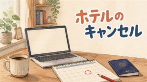 ホテル予約サイトの画面でキャンセル条件を確認する女性のイラスト