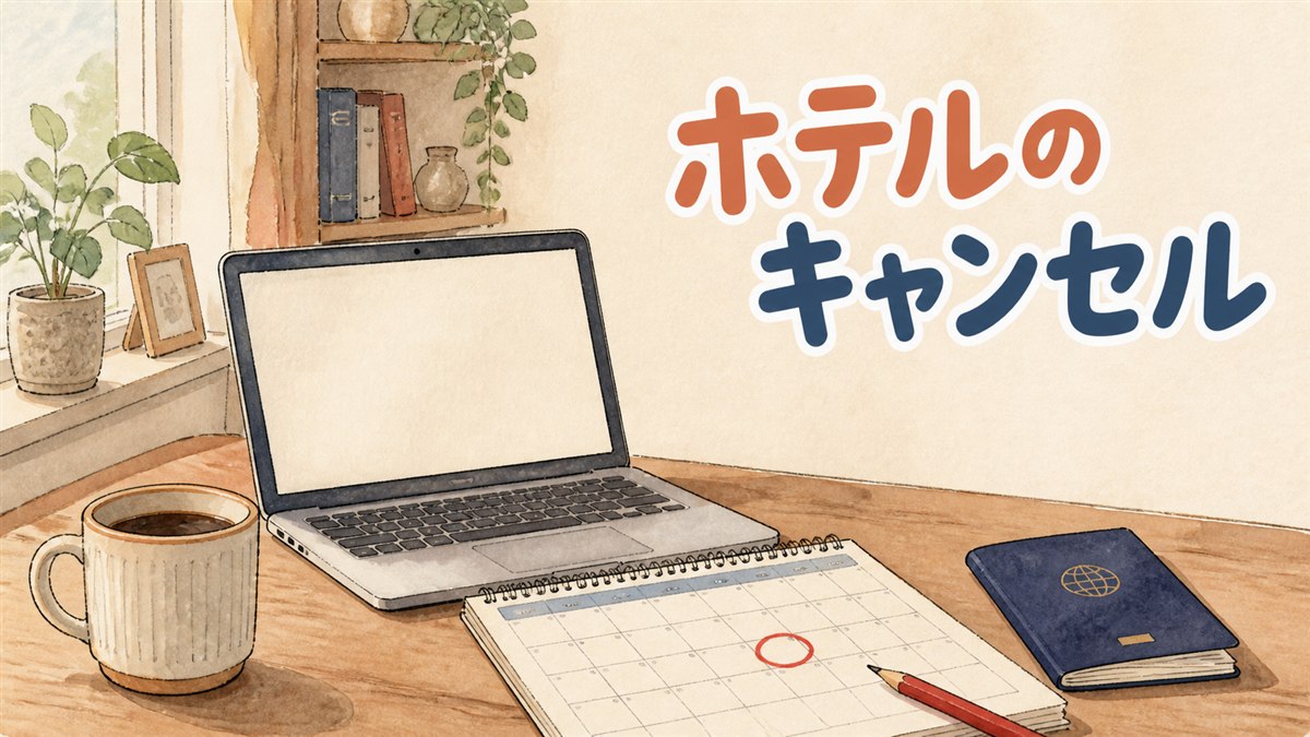 ホテル予約サイトの画面でキャンセル条件を確認する女性のイラスト