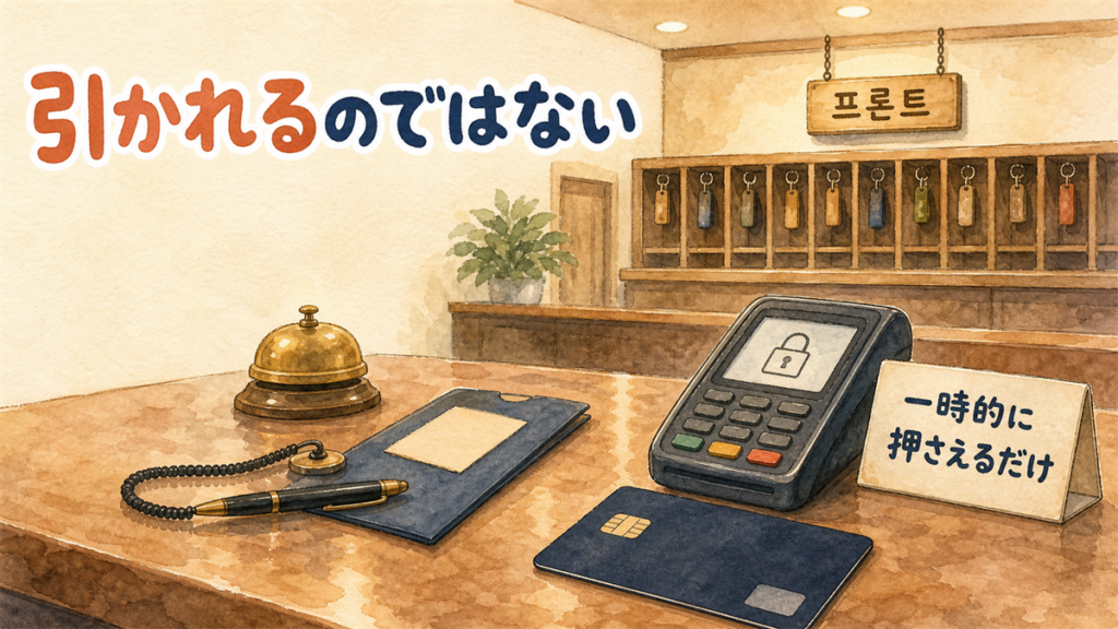 ホテルのフロントに置かれたクレジットカードと、南京錠の記号が表示された決済端末のイラスト