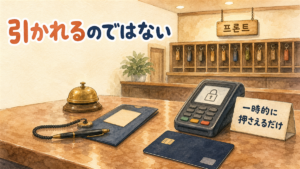 ホテルのフロントに置かれたクレジットカードと、南京錠の記号が表示された決済端末のイラスト
