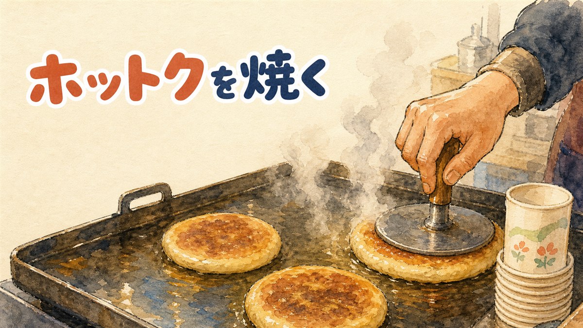 湯気の立つホットクを鉄板で焼く韓国式屋台の情景