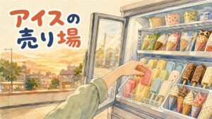 韓国の緑色のメロン味アイスバーと日本の冷凍ショーケースを見比べているイメージ