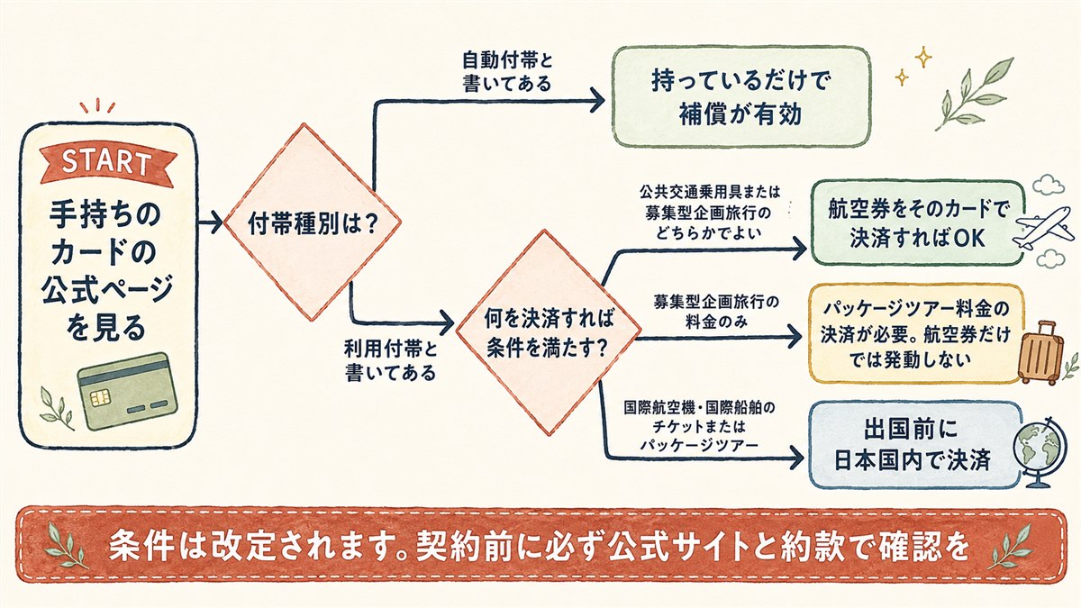 クレジットカード付帯保険が自動付帯か利用付帯かを判定し、利用付帯の場合に何を決済すれば条件を満たすかを分岐で示した図