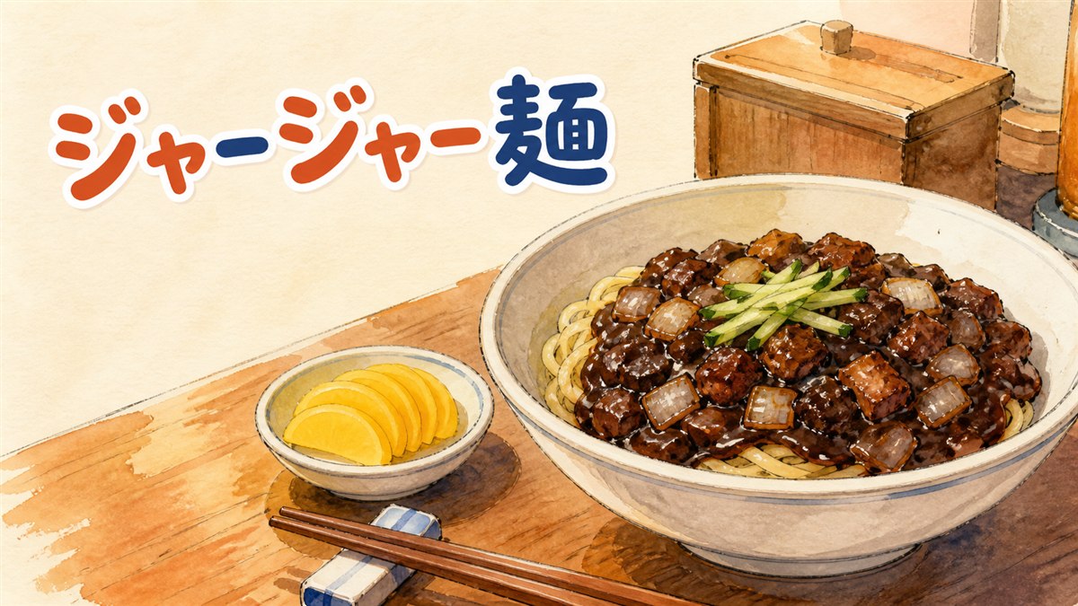 チャジャンミョン（韓国式ジャージャー麺）の黒いソース麺の器と、日本の韓国食材店の店先を並べたイメージ