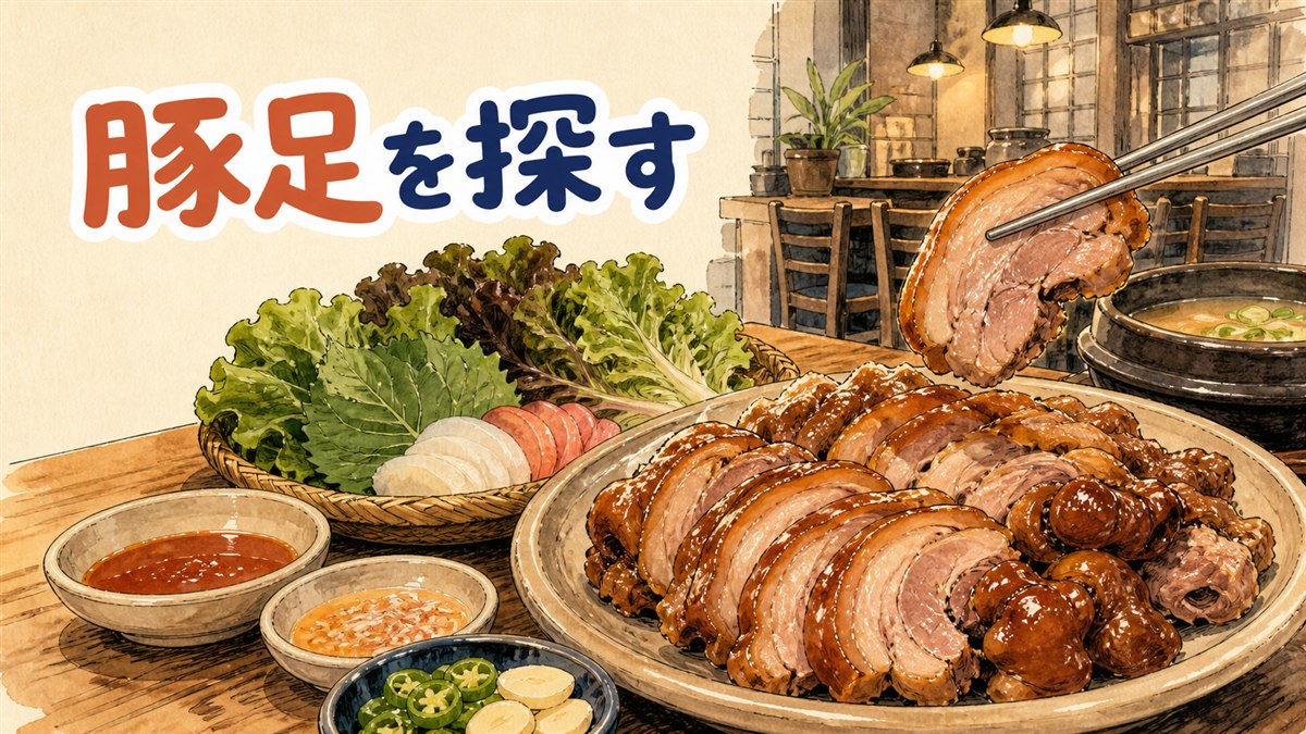 サンチュに巻いたチョッパルとポッサムが並ぶ韓国家庭の食卓