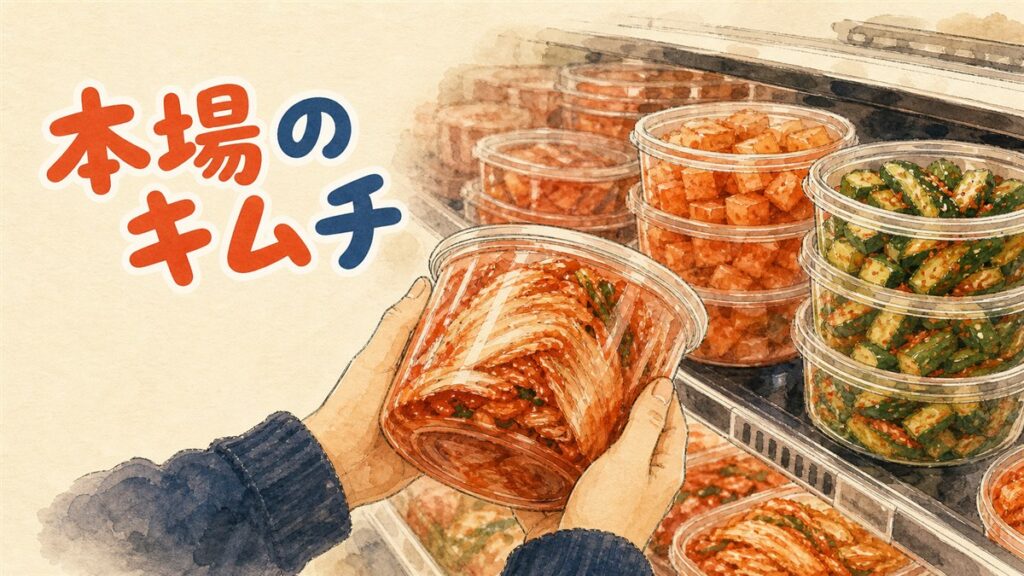 日本のスーパーで買える韓国産キムチのパッケージ裏面の原材料表示を確かめながら選ぶ様子
