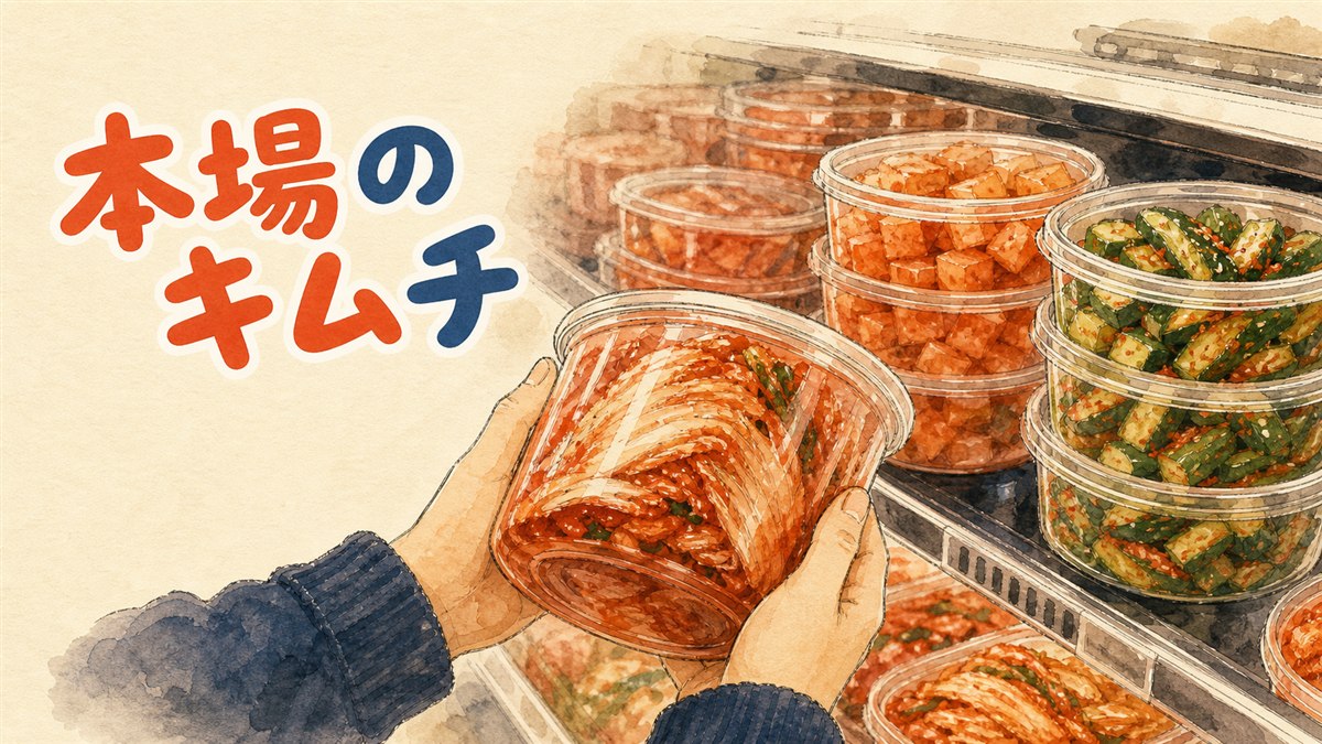 日本のスーパーで買える韓国産キムチのパッケージ裏面の原材料表示を確かめながら選ぶ様子