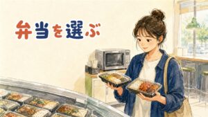 韓国のコンビニの弁当コーナーで、도시락の棚から弁当を選ぶ旅行者