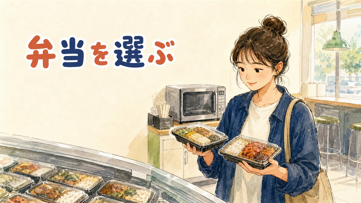 韓国のコンビニの弁当コーナーで、도시락の棚から弁当を選ぶ旅行者