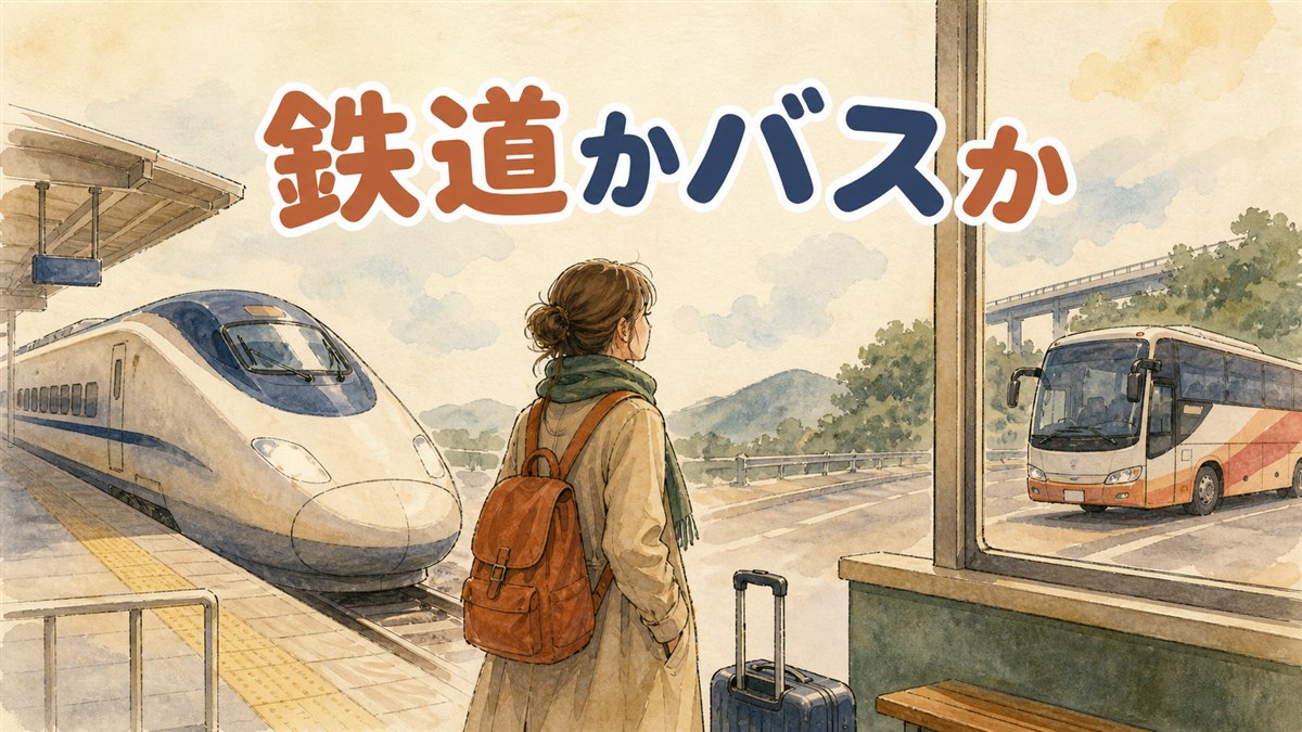 ソウル駅のプラットホームで列車を待つ旅行者と、高速バスターミナルでバスを待つ旅行者を並べた情景