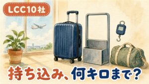 韓国線LCC10社の手荷物規定を比較するイメージ。機内持ち込みサイズのキャリーケースと空港の手荷物サイズゲージ、荷物用の重量計とダッフルバッグを並べたイラスト