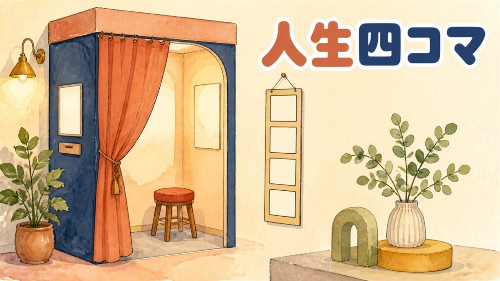 韓国のセルフ写真館のイメージ。カーテンを開けた撮影ブースと丸椅子、壁に4コマの空の写真フレームが下がっている