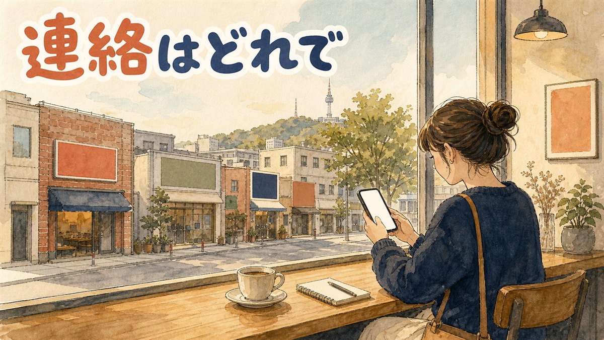 ソウルの街角でスマートフォンのトーク画面を見せながら現地の友人と連絡先を交換する旅行者のイメージ