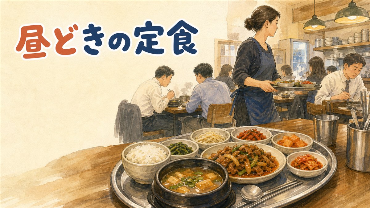 韓国の食堂の券売機とメニュー表を前に、昼ごはんの店を選ぼうとしている旅行者の様子