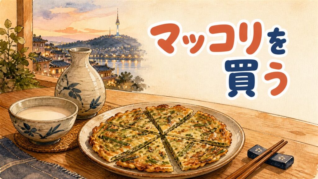 韓国のマッコリのボトルと白く濁ったお酒が入ったおちょこが食卓に並ぶ様子