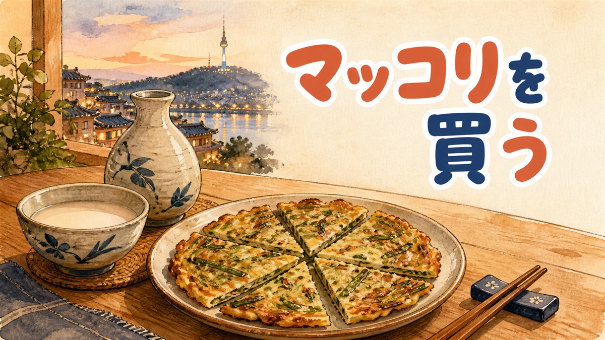 韓国のマッコリのボトルと白く濁ったお酒が入ったおちょこが食卓に並ぶ様子