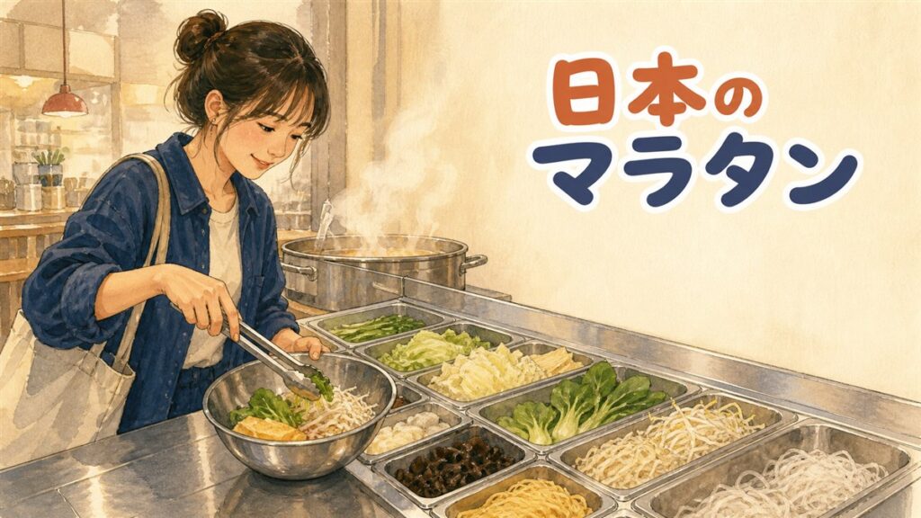 量り売りのマラタン店でショーケースの具材をトングで選んでいる女性の手元