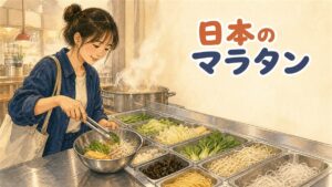 量り売りのマラタン店でショーケースの具材をトングで選んでいる女性の手元