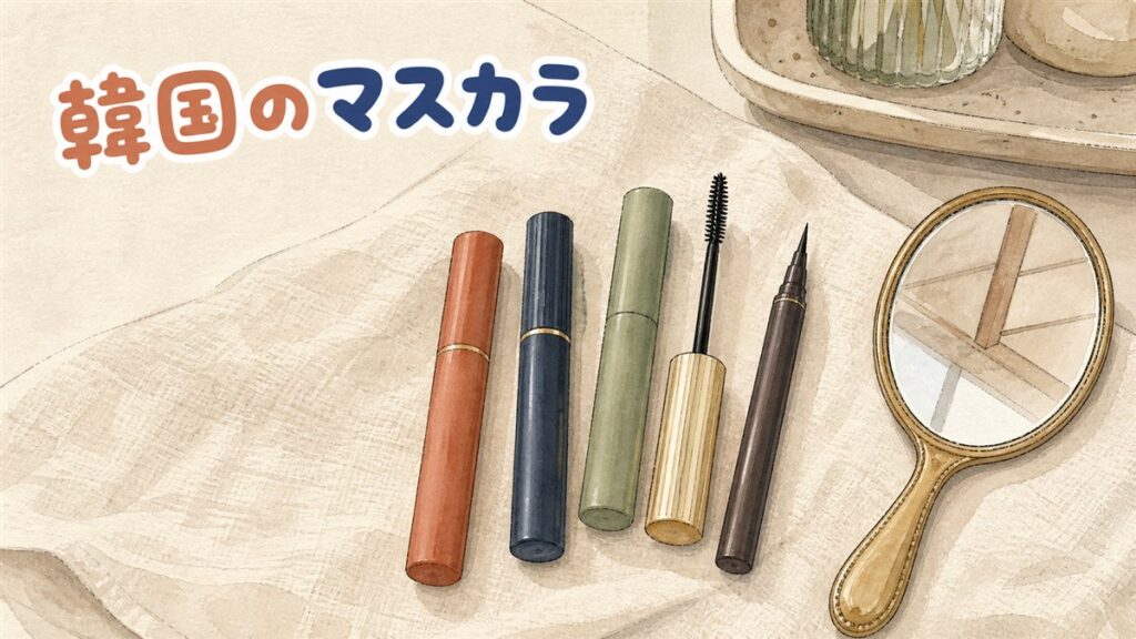 韓国コスメのマスカラとペン型・ジェル型のアイライナーが並ぶメイクポーチの中身