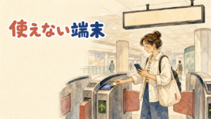 ソウルの地下鉄改札でスマートフォンとT-moneyカードを見比べる旅行者のイメージ