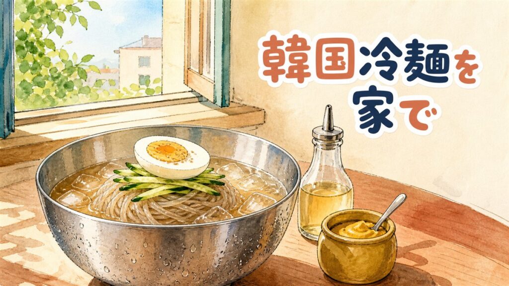 韓国冷麺の水冷麺とビビン冷麺、麺とスープが並ぶ通販商品のイメージ