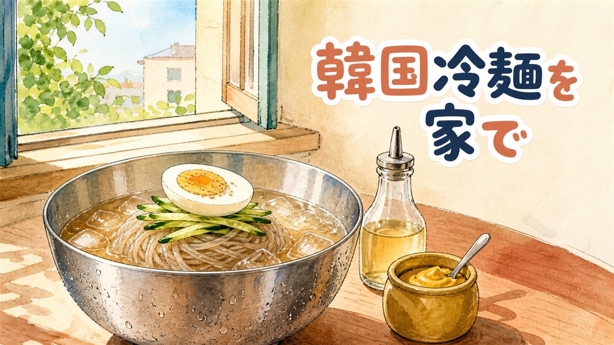 韓国冷麺の水冷麺とビビン冷麺、麺とスープが並ぶ通販商品のイメージ