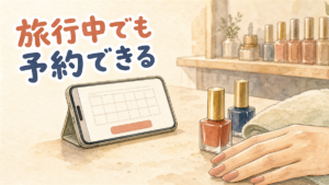 ネイルサロンの施術台に置かれた仕上がった手元と、予約画面を表示したスマートフォンのイラスト