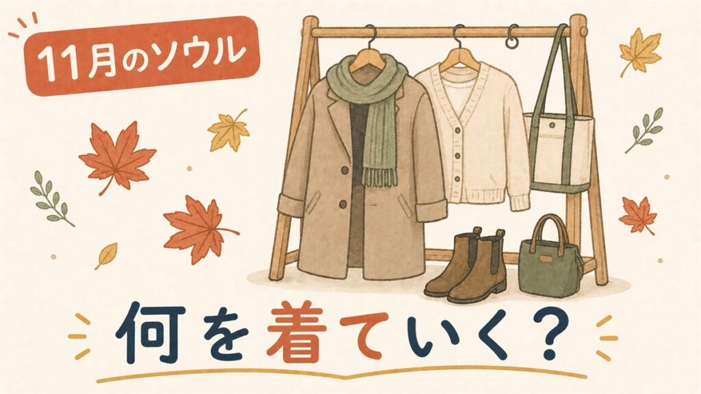 秋から冬へ移り変わるソウルの街並みと、コートとマフラーを合わせた11月の旅行者の服装イメージ
