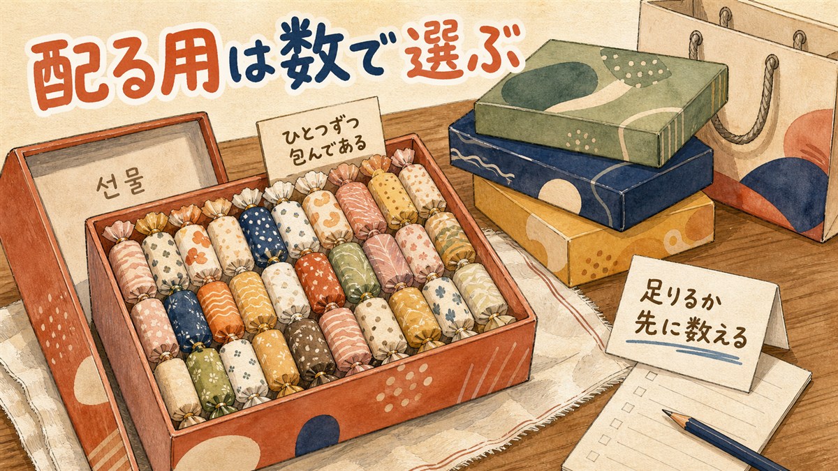 職場へのばらまき土産として、開けた箱の中に個包装のお菓子がぎっしり格子状に並び、奥に未開封の箱と紙袋が置かれている様子