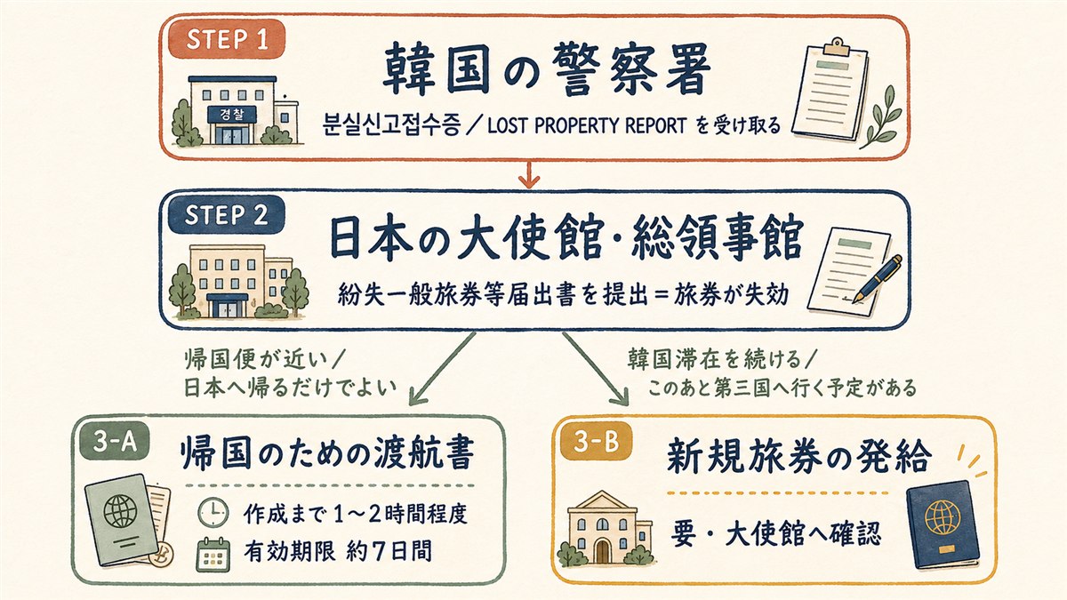 韓国の警察署で紛失届の証明書を受け取り、日本の大使館で紛失一般旅券等届出書を提出したあと、帰国のための渡航書と新規旅券発給に分岐する手順を示した図