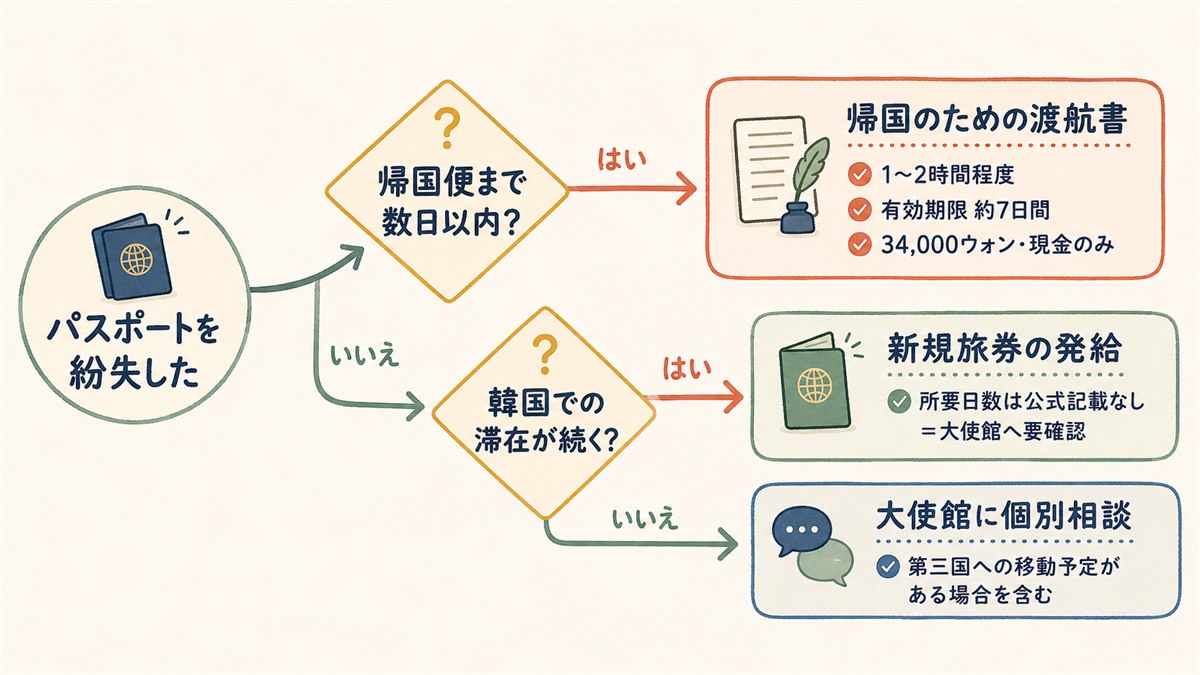 帰国便までの日数と韓国滞在の予定から、帰国のための渡航書と新規旅券発給のどちらを選ぶかを判定するフロー図