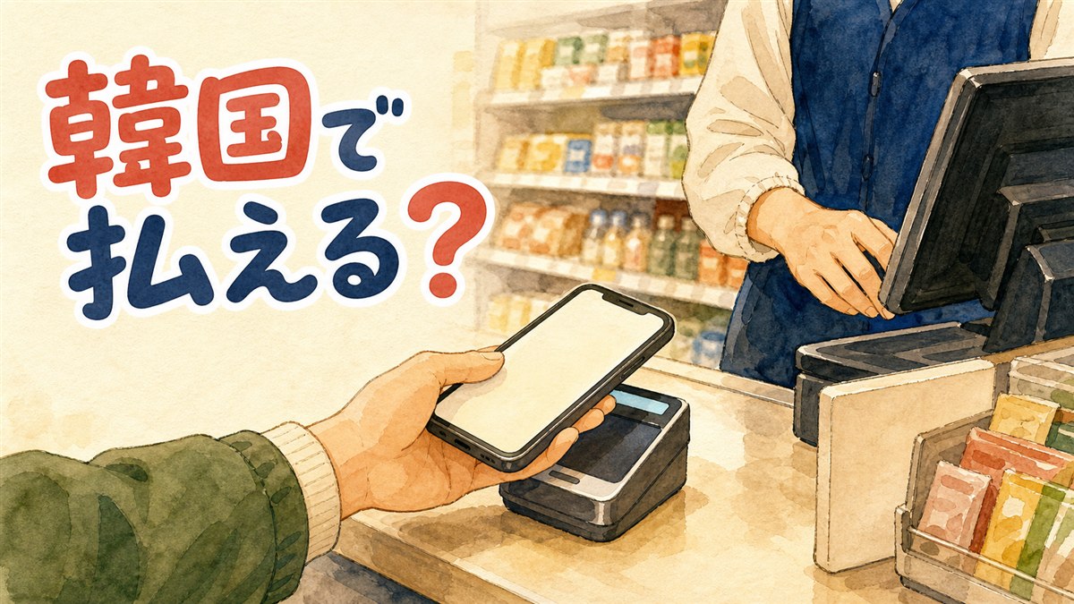 韓国のカフェのレジ前でスマホ決済を試みる旅行者の後ろ姿のイメージ
