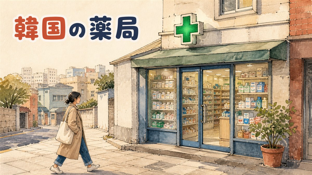 韓国のソウル市内、薬局の看板とコンビニが並ぶ通りの街並み