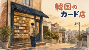 ソウルの商店街でカードショップの店先を眺める観光客の情景