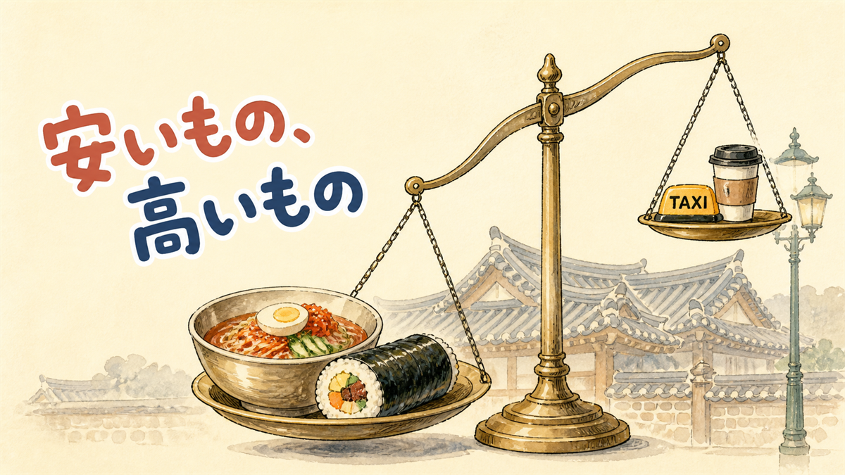 傾いた天秤の左に麺と海苔巻き、右にタクシーの行灯とコーヒーが載っているイラスト